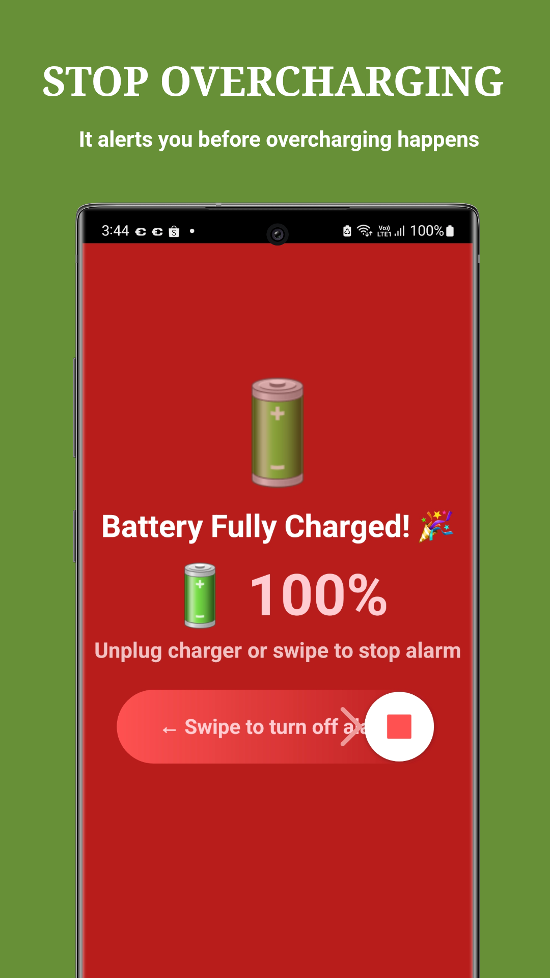 Full Battery Alert - Red screen with swipe to dismiss alarm