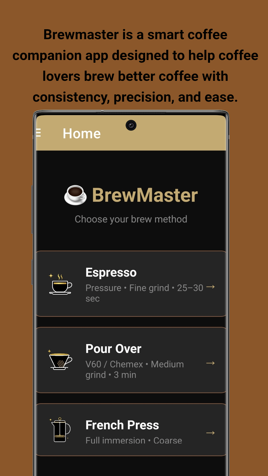 Home Screen - Choose your brew method: Espresso, Pour Over, French Press