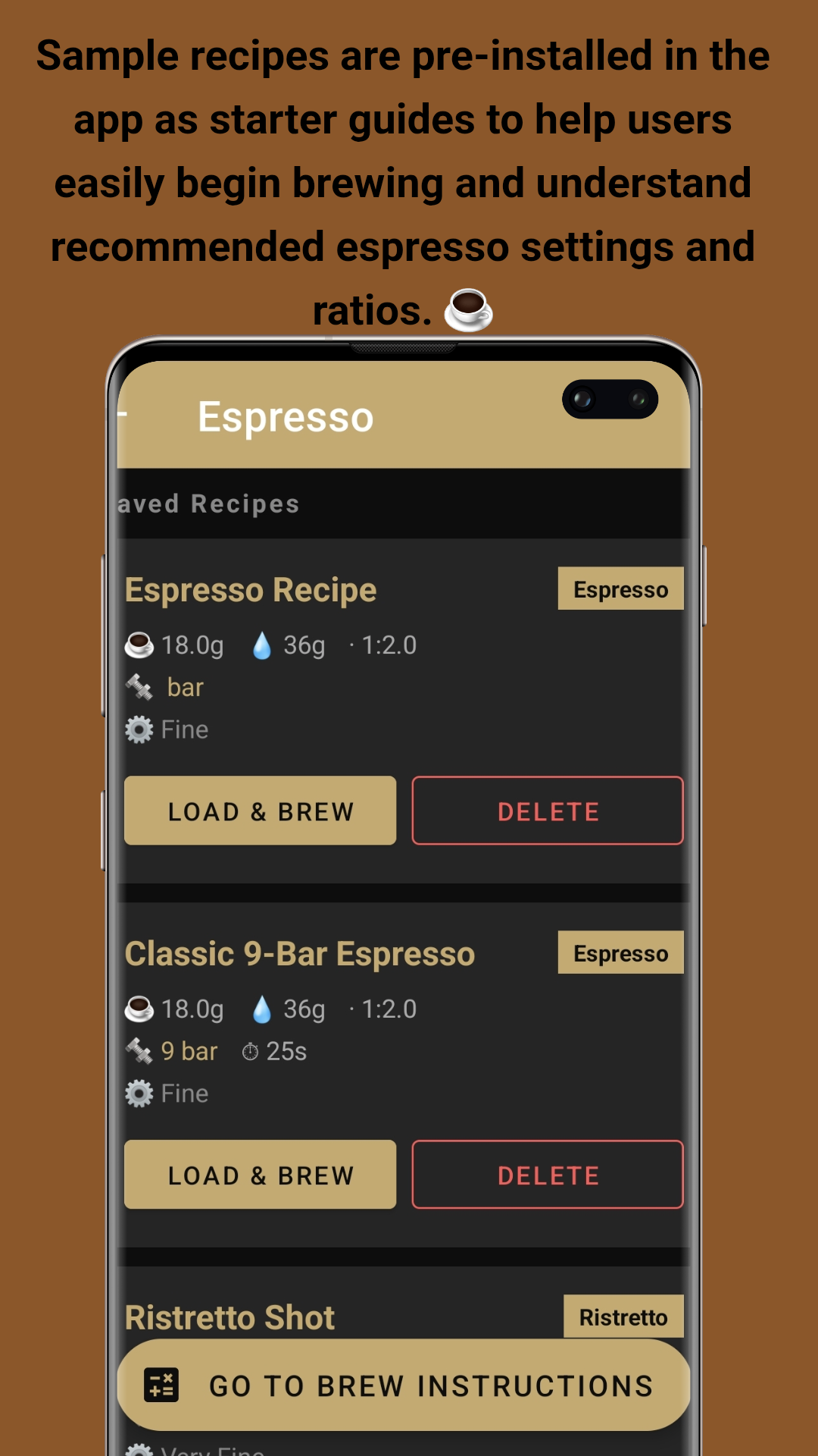 Saved Recipes - Pre-installed sample recipes with load and brew options