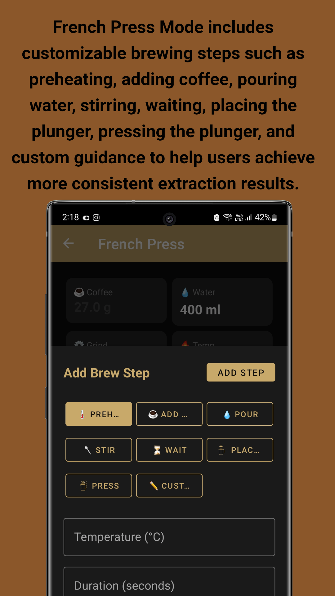 French Press Mode - Customizable steps including preheating, adding coffee, pouring water, stirring, waiting, placing plunger, and pressing