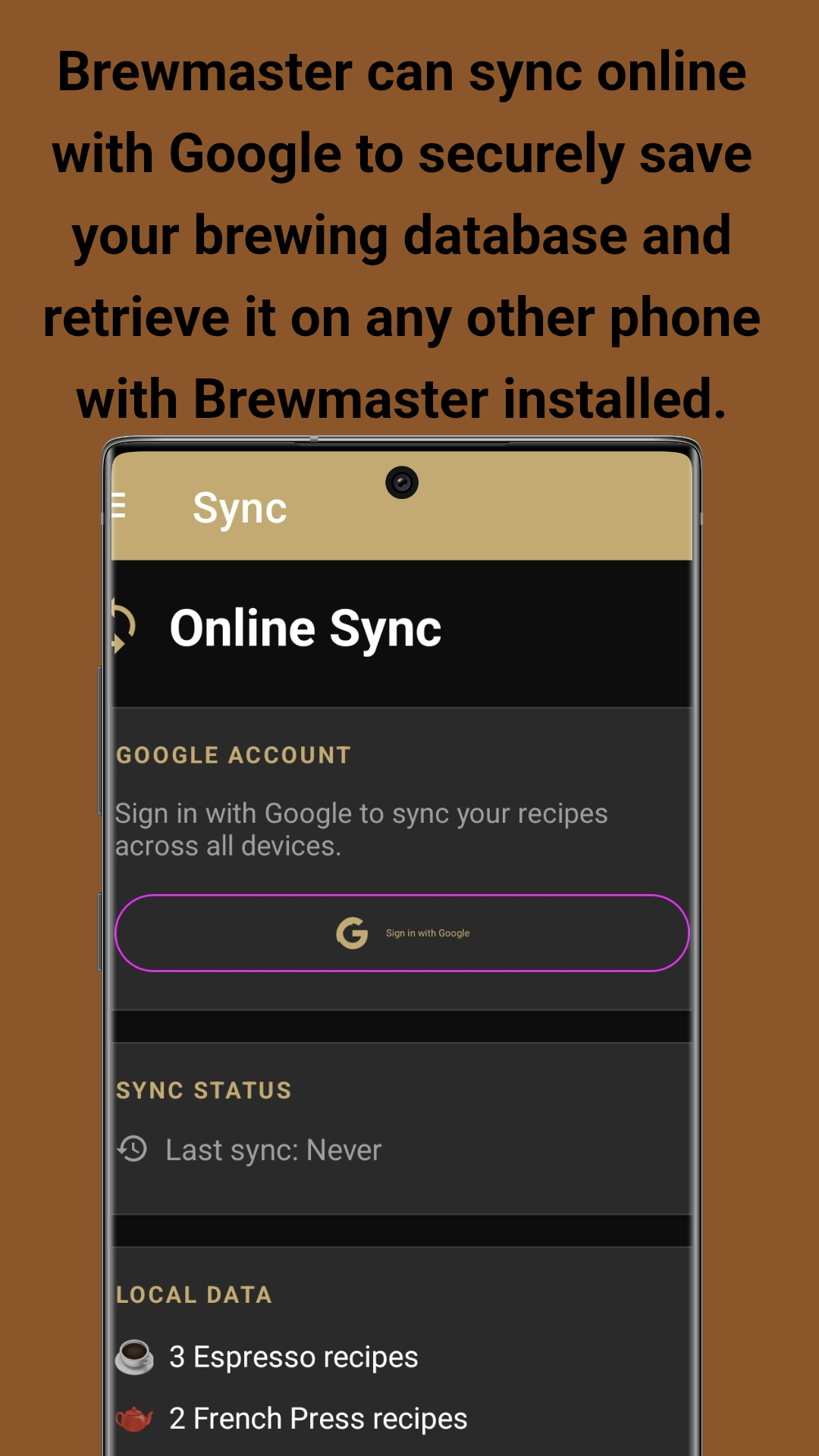 Online Sync - Google account sync to save brewing database across devices