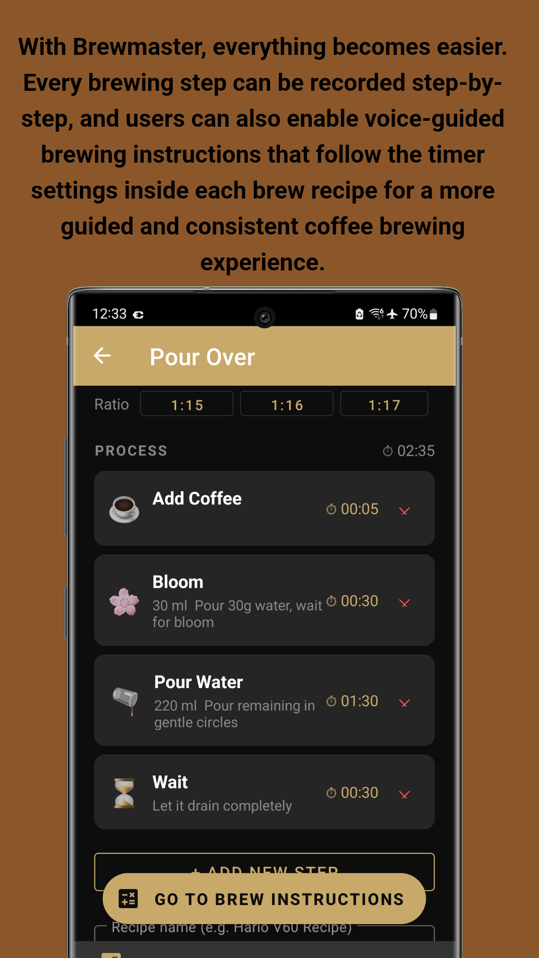 Brew Instructions - Step-by-step guided brewing with timer and voice guidance