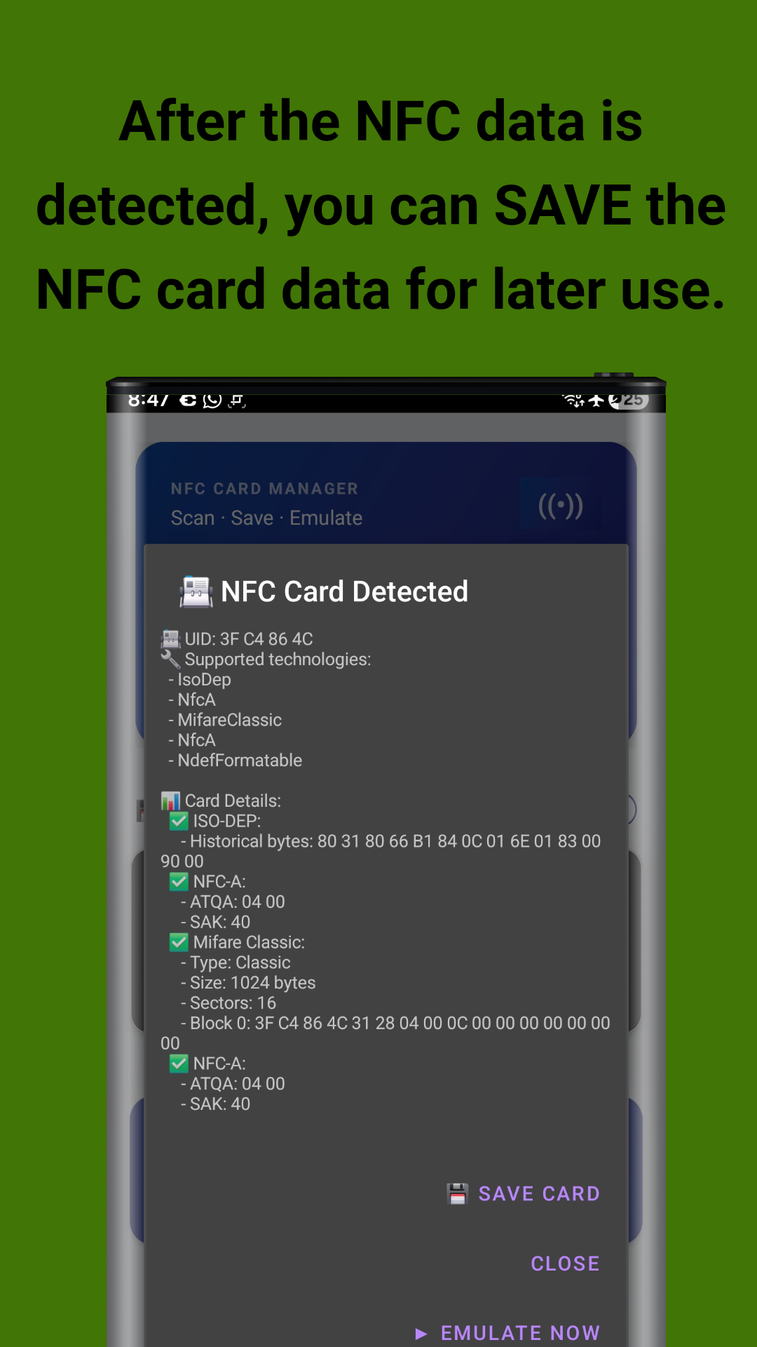 Card Detected - Full technical details with UID and technologies