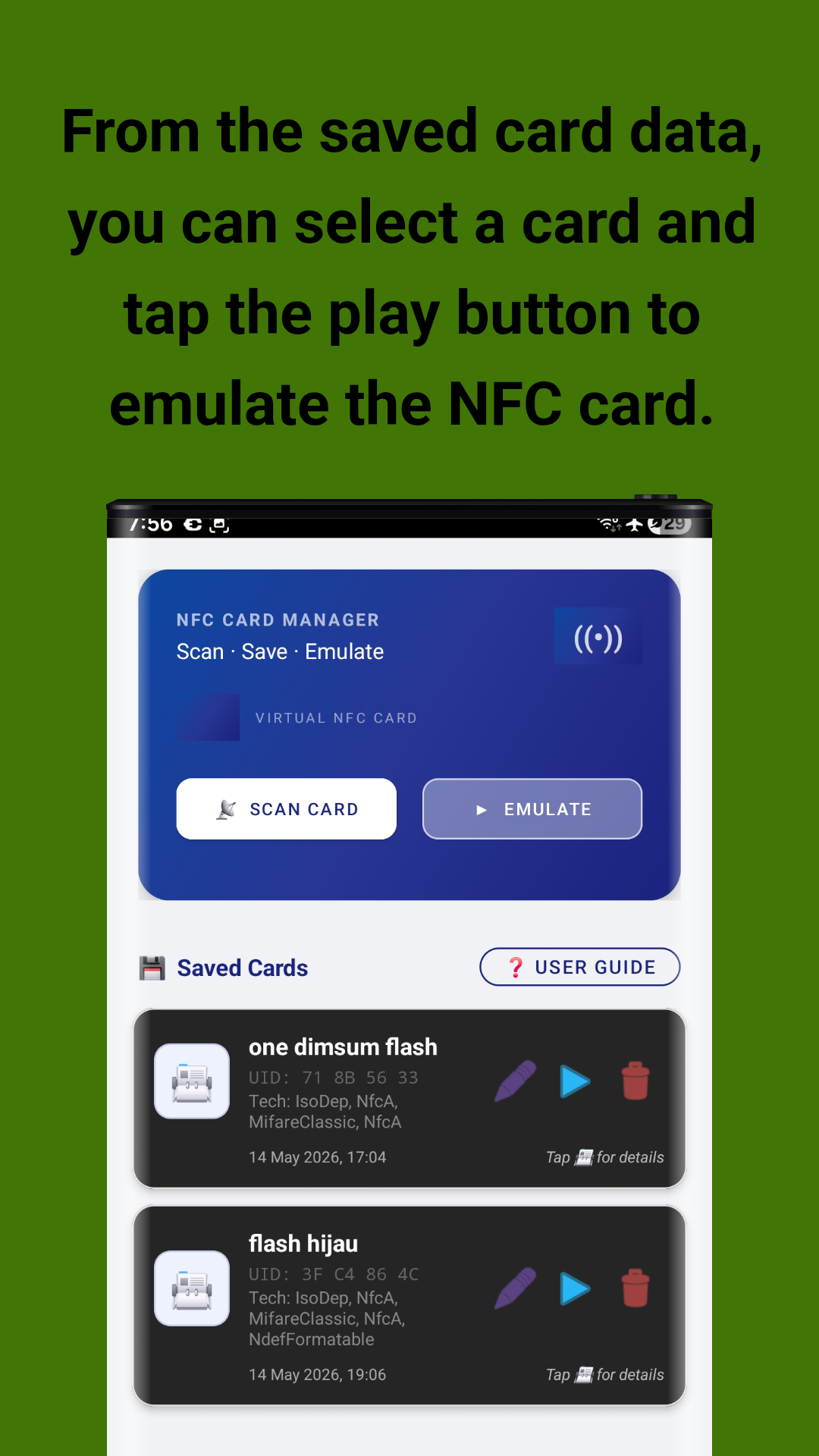 Saved Cards - Select and emulate saved cards
