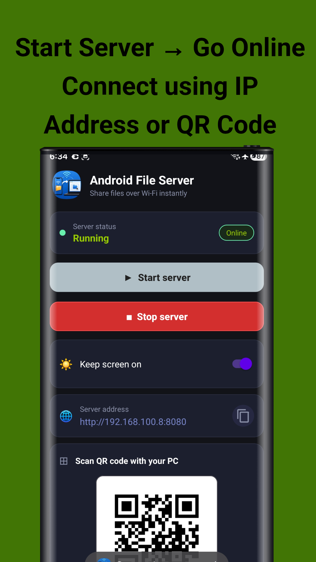 Server running with IP address and QR code